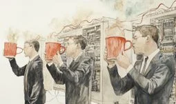 some bankers holding red coffee cups in front of old computers 