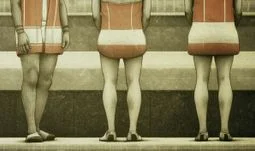 some people showing their legs in red and white bathing costumes