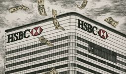 hsbc tower with dollars falling on it