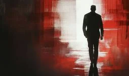 silhouette of a suited man walking away in abstract red white and black background