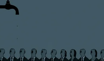a row of open mouthed people beneath a tap 