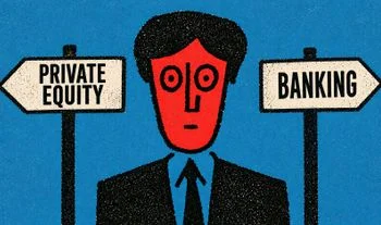 Drawing of a red man in a suit. Signs either side of him read "banking" and "private equity"