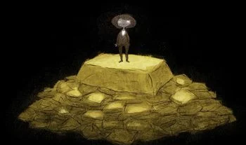 a small woman on top of a pile of gold. She is wearing a suit 