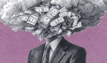 pen and ink drawing of a man with his head in a cloud of money