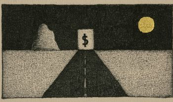 a golden moon next to a road with a $ sign at the end 