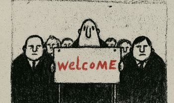 a banker holding a sign that says welcome in red