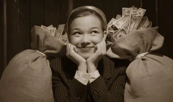 a young woman next to bags of money in the 1950s
