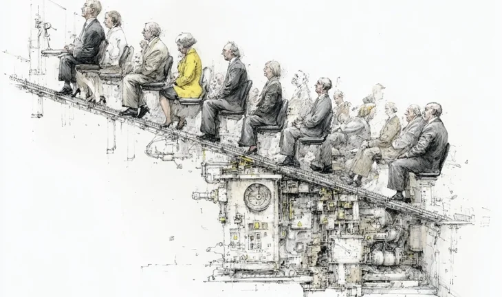 some elderly bankers sitting on a strange machine 