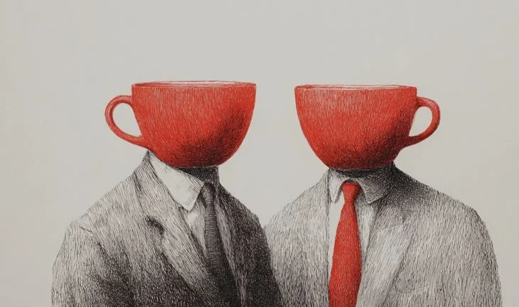 two people with coffee cups for heads