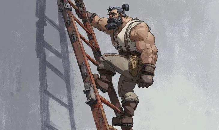 a muscley man on a ladder 
