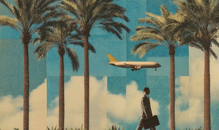 a banker walking through palm trees