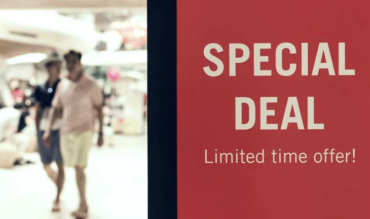 A sign that says special deal and some men walking past