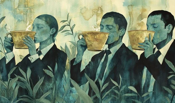 bankers drinking coffee in some plants