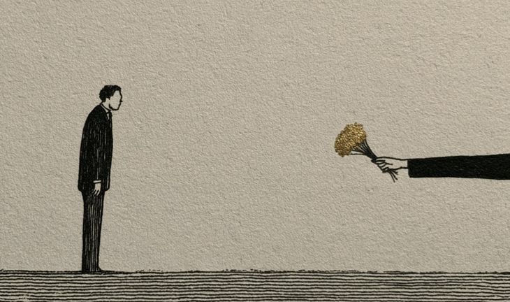 a trader being offered a golden bunch of flowers 