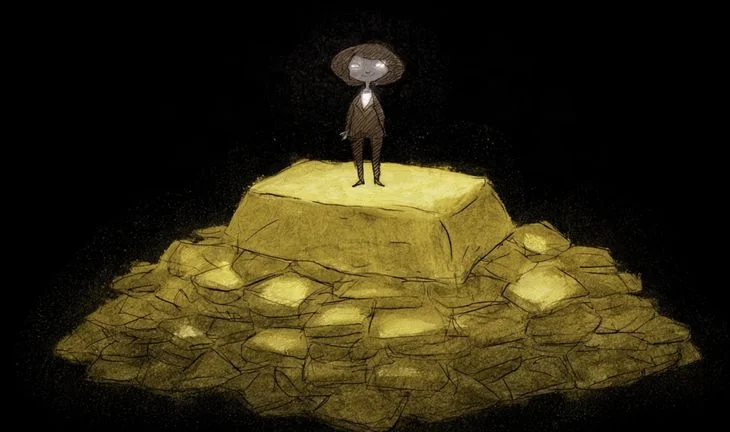 a small woman on top of a pile of gold. She is wearing a suit 