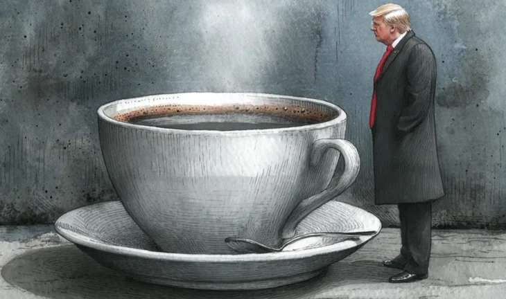Donald Trump next to a coffee cup
