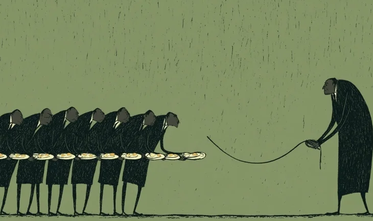 a banker with a whip and a row of bankers with fried eggs