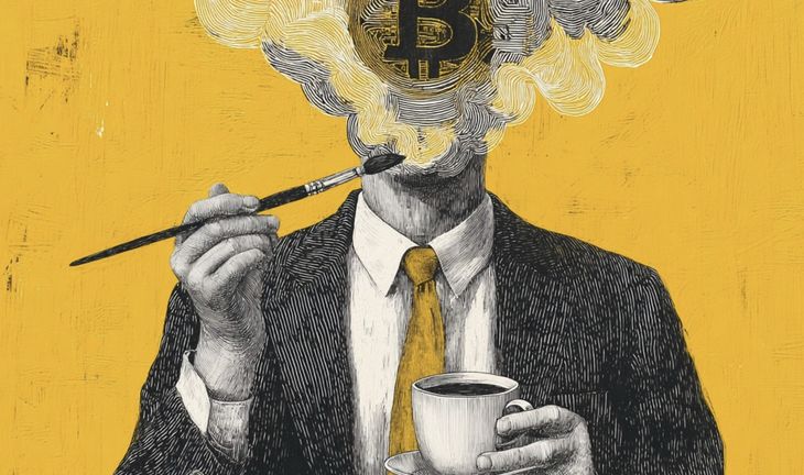 a man holding coffee and paintbrush with a bitcoin sign of his head 