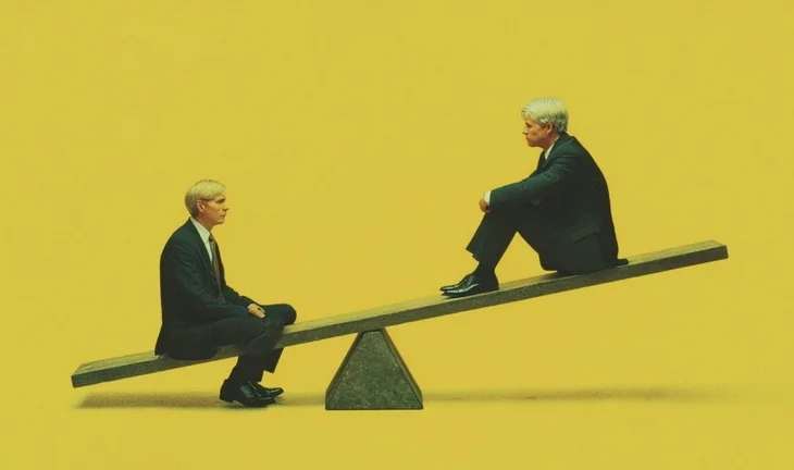 some bankers on a seesaw