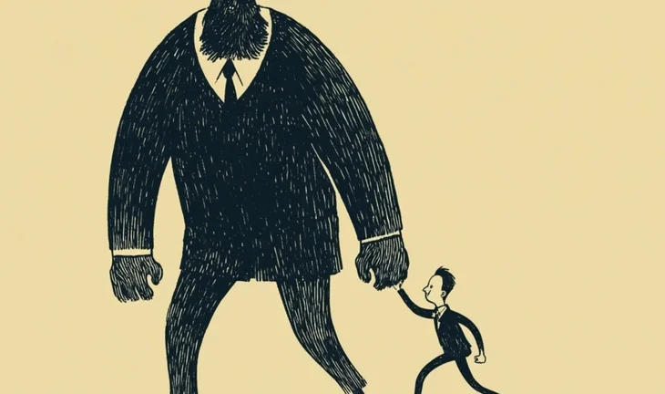 a small man running up to a hairy monster