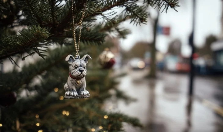 a dog Christmas decoration on a tree in the rain 