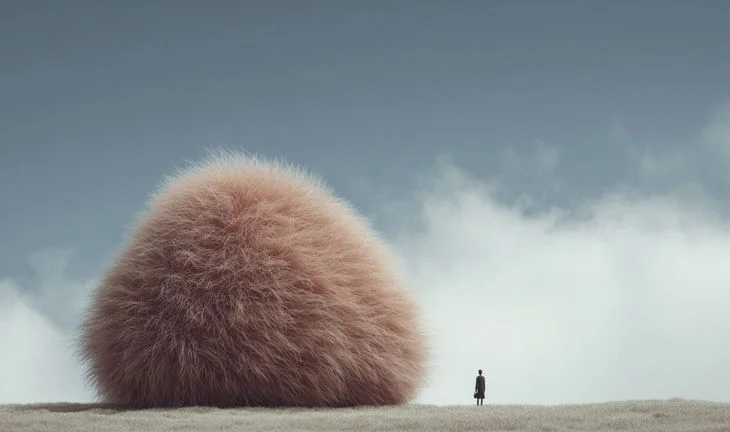 a big hair pink blob with a small figure standing beside it