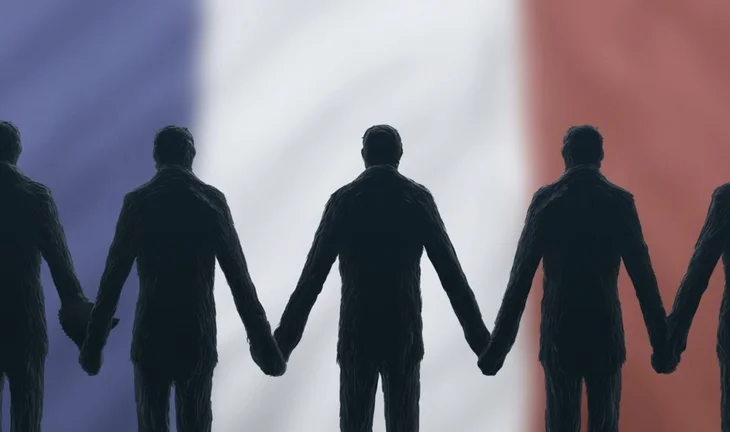 French bankers holding hands in front of flag