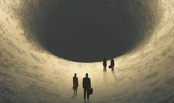 some small men and women holding briefcases before a large hole