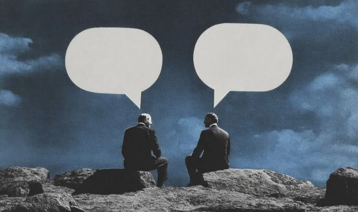 some men talking to teach other. empty speech bubbles