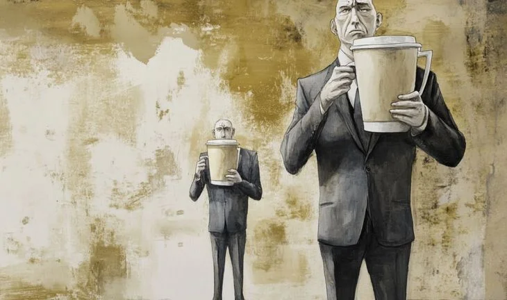 two hedge fund managers holding coffee cups