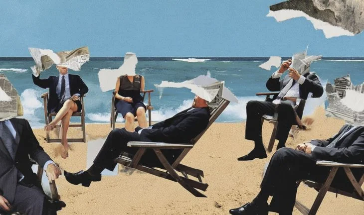 Some bankers on a beach with faces ripped out 