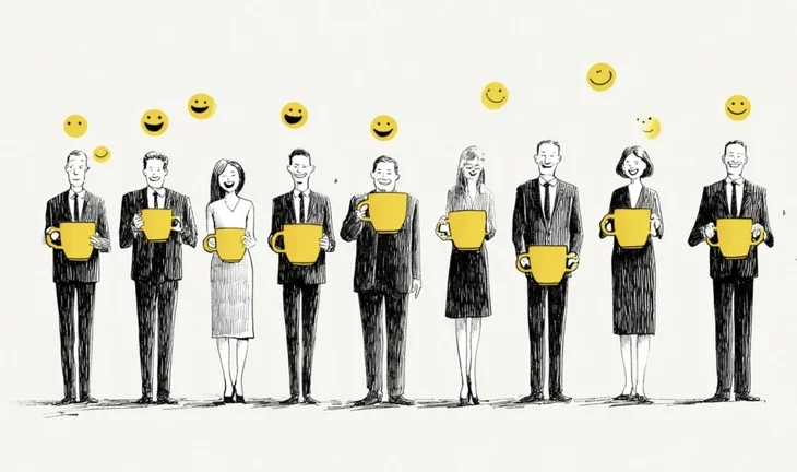 some bankers holding yellow cups of coffee with emojis in the air