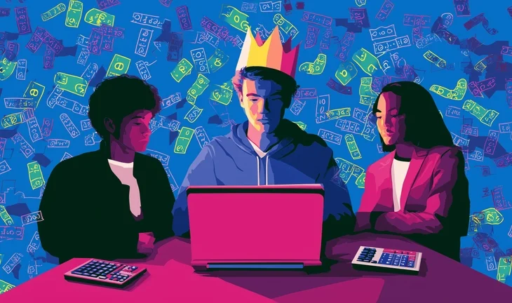 Jane Street interns looking at a computer surrounded by money