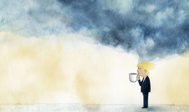 a miniature donald trump holding coffee 