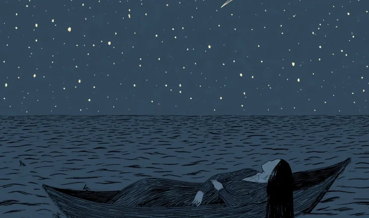 a woman in a boat and a shooting star
