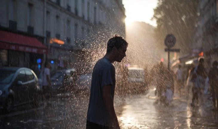 a man in a haze of water on a warm day