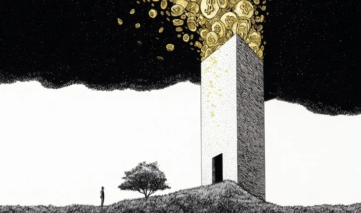 A tower with money coming out, a tree and a man watching it