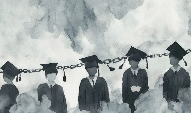A row of students in mortar board hats in the clouds with a chain